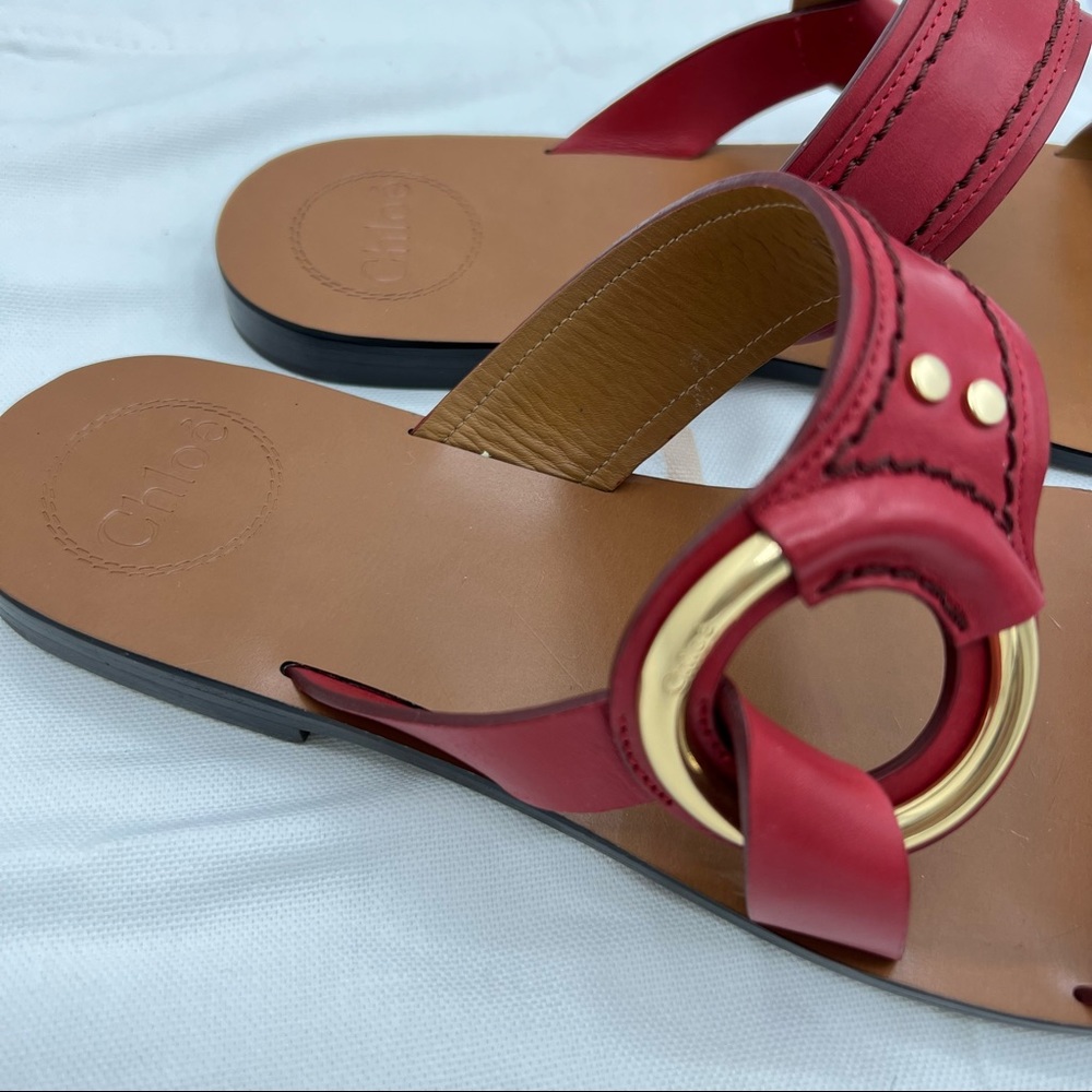 CHLOE Demi Leather Slide Flat Sandals Size EU 39.5 US 9.5 Red Tan Gold hardware - Picture 4 of 8